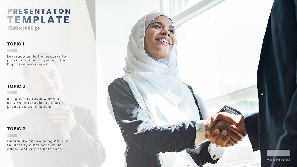 Muslim businesswoman close the deal business presentation template mockup