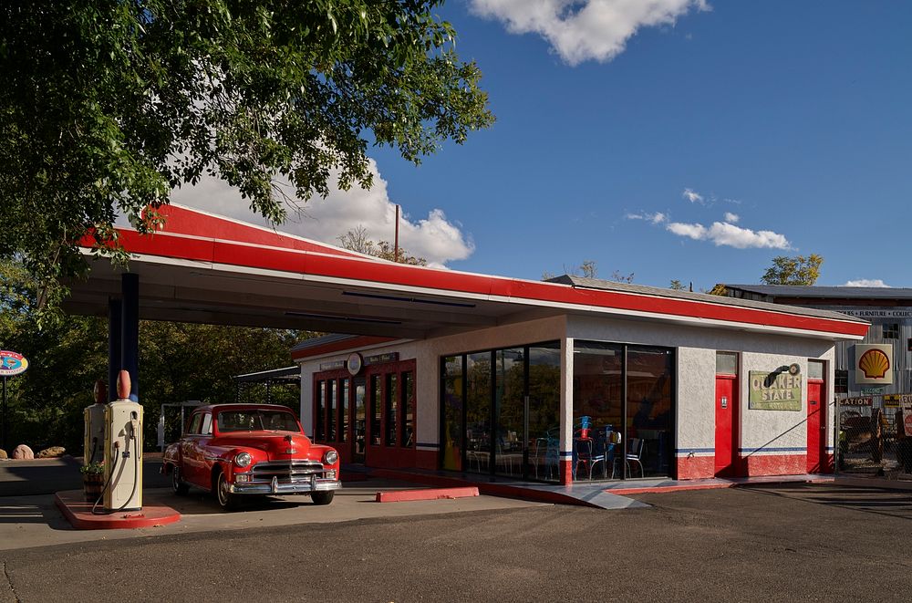 Scene at Bing&rsquo;s Burger Station, a restored &ldquo;hamburger joint&rdquo; restaurant and vintage service station, built…