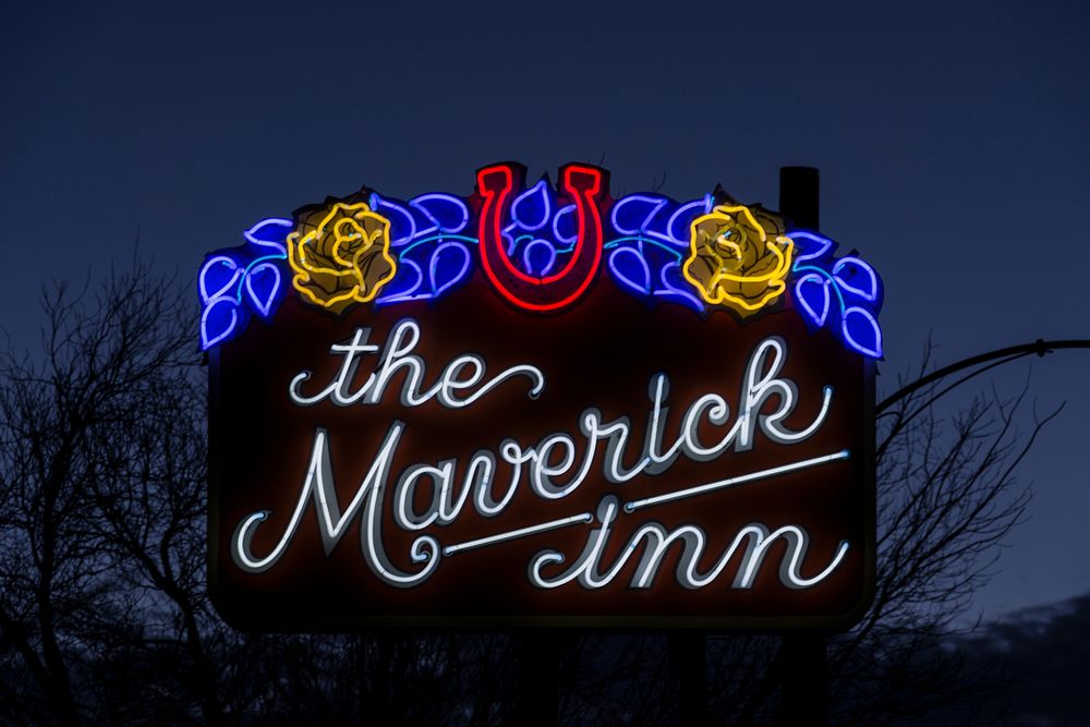 Dusk shot of the neon sign for the Maverick Inn in Alpine, Texas. Original image from Carol M. Highsmith&rsquo;s America…