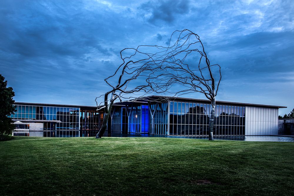 Dusk view of the Modern Art Museum of Fort Worth, known locally as simply "The Modern." The originating museum was first…