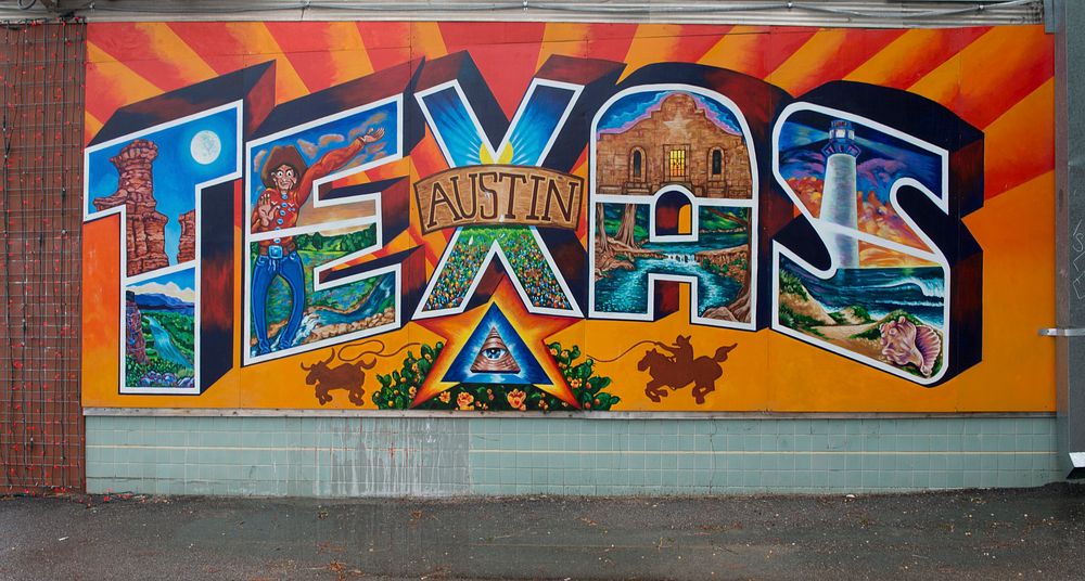 "Austin, Texas" mural &mdash; evoking a postcard image &mdash; on Guadalupe Street, north of the University of Texas at…