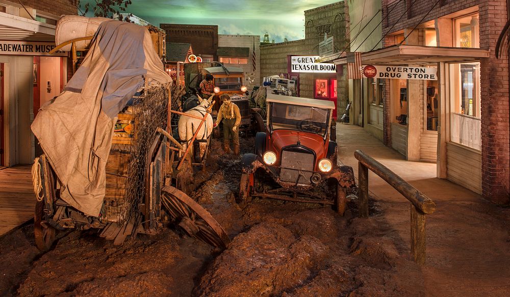 A depiction at the East Texas Oil Museum, in Kilgore, Texas, of a muddy street in "Boomtown U.S.A.," an amalgam view of…