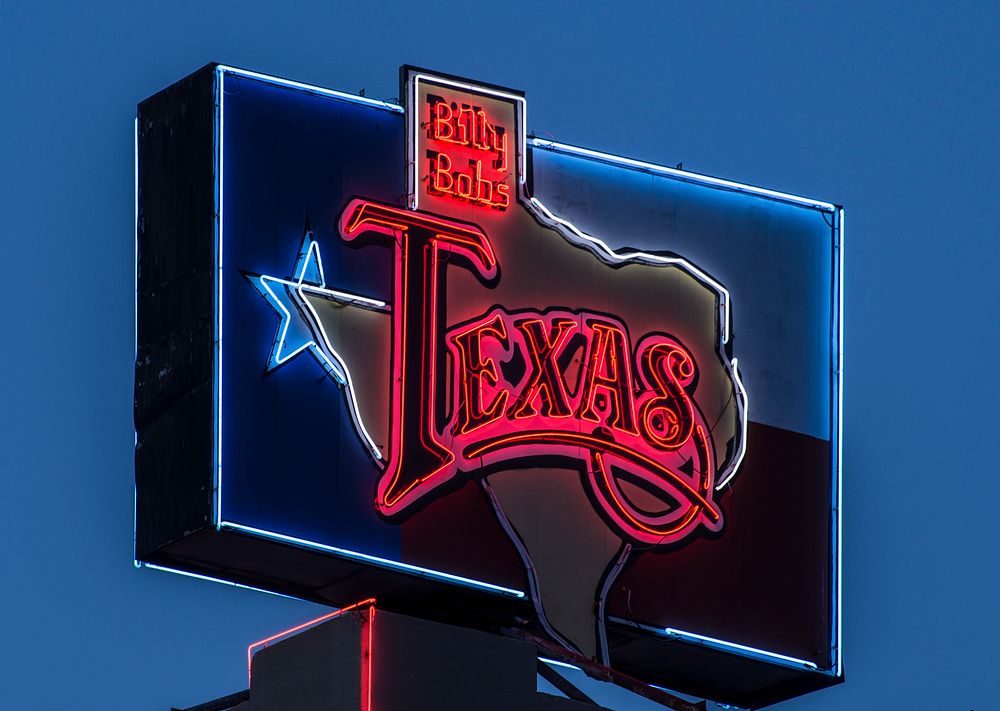 Neon sign for Billy Bob's legendary &ldquo;boot-scootin&rsquo;&rdquo;western nighclub and honky-tonk bar in Fort Worth.…