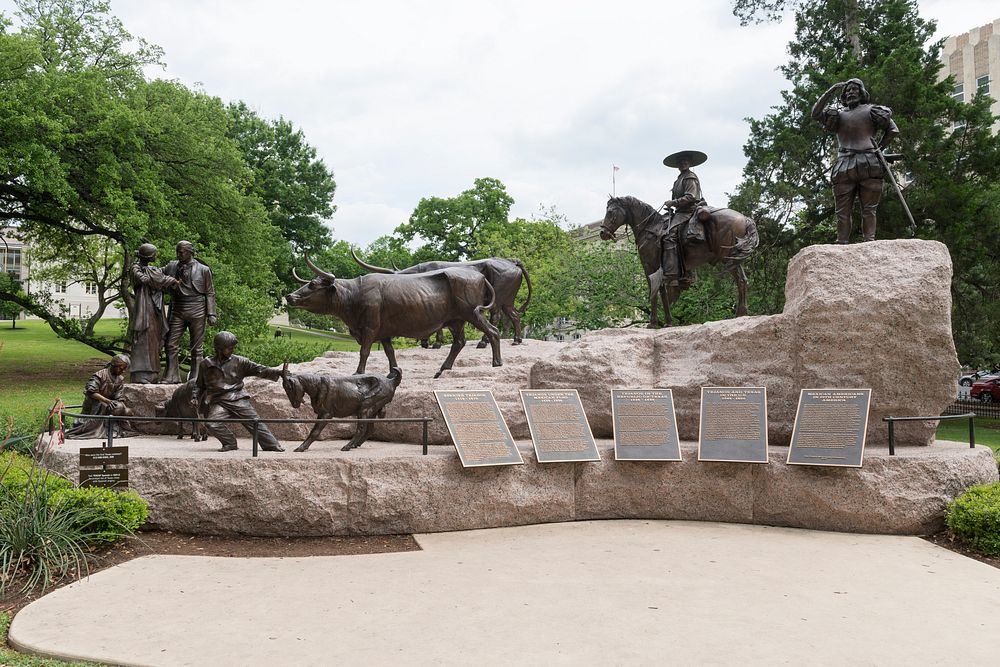 The Tejano Monument, a sculpture on the Texas Capitol Grounds that salutes Texas's first cowboys &mdash; Spanish "Tejanos"…