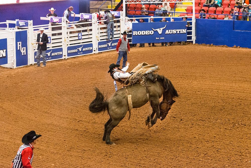 Bronc riding at Rodeo Austin, the city's annual stock show and rodeo. Original image from Carol M. Highsmith&rsquo;s…