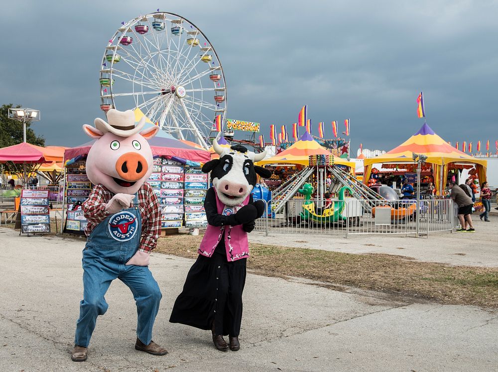 Costumed cow and pig walk the carnival grounds at Rodeo Austin, the city's annual stock show and rodeo. Original image from…