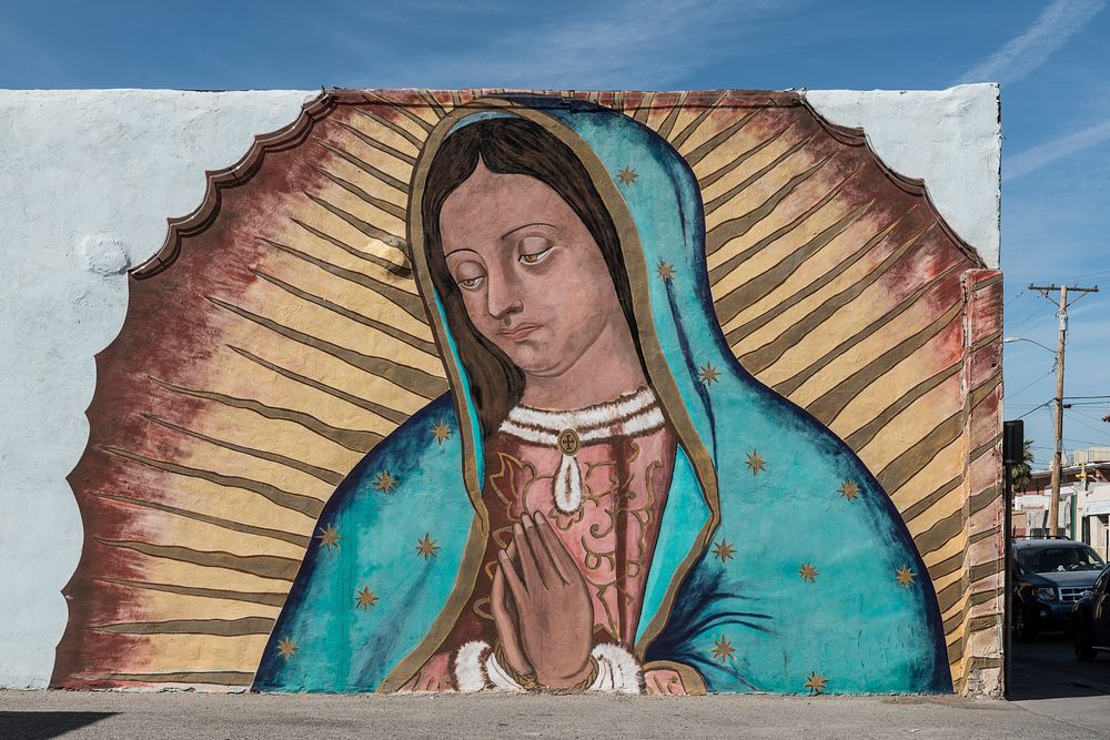 Mural across from the San Ysleta Mission in El Paso. The mission was built in 1682 by members of the Tigua Indian tribe who…