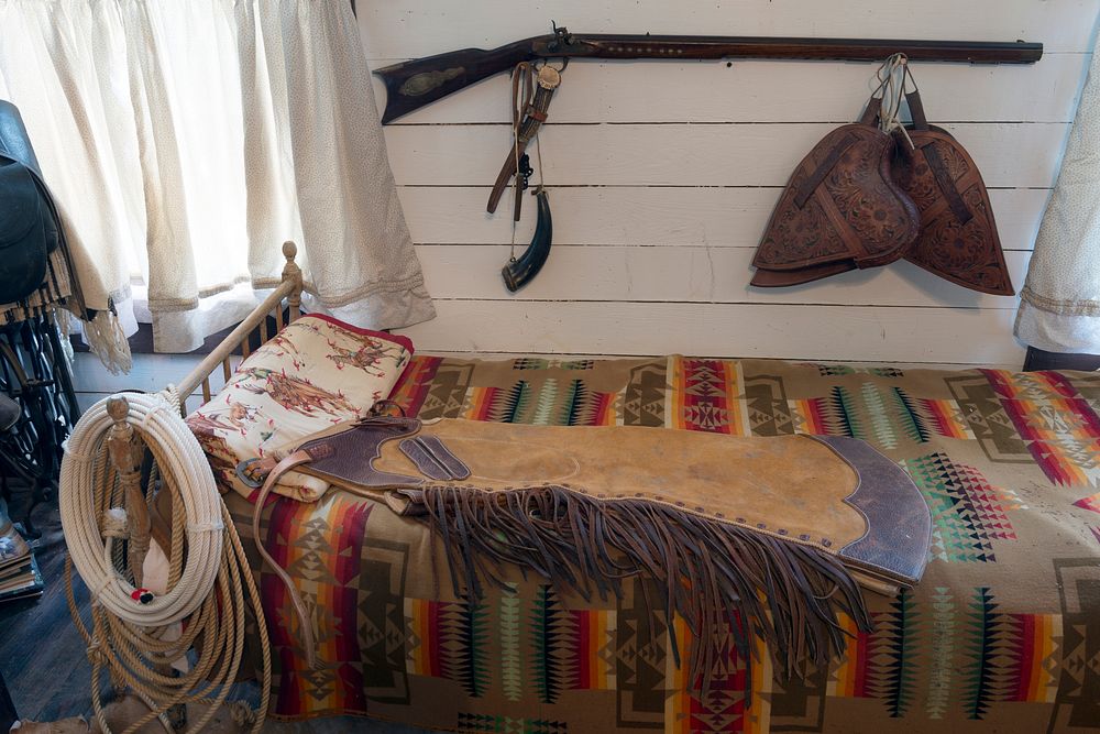 Some of the genuine Old West possessions displayed inside a bunkhouse &mdash; a small railroad office moved to the location…