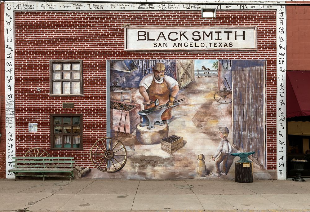A downtown mural depicting blacksmithing, an important Old West business, in San Angelo, the seat of Tom Green County…