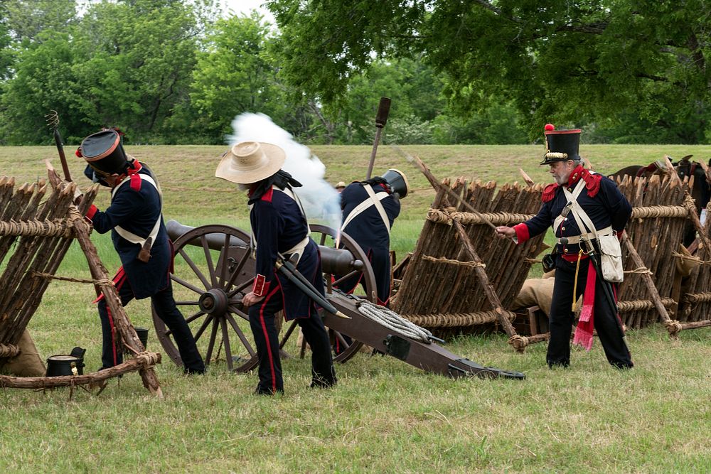 The Mexican artillery goes into action at the annual Battle of San Jacinto Festival and Battle Reenactment, a living-history…