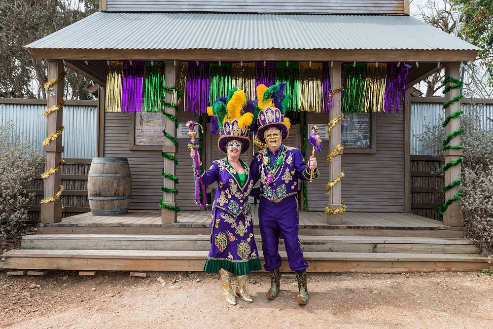 Stella Tedesg and James M. McGroarty, the Queen and King of Mardi Gras &mdash; a Cowboy Mardi Gras &mdash; outside the 11th…