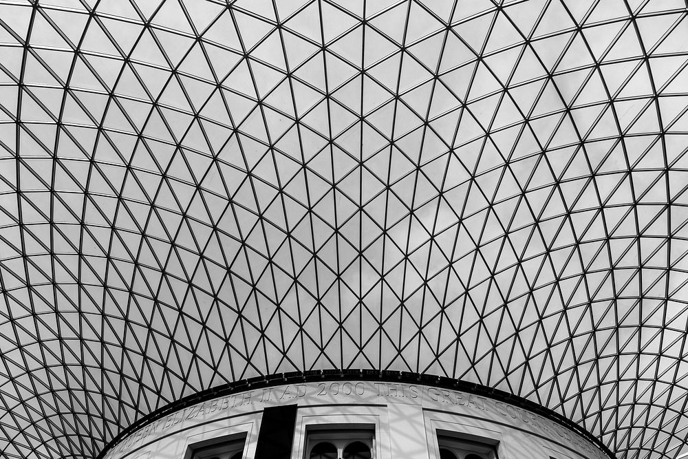A white latticework ceiling in the British Museum. Original public domain image from Wikimedia Commons