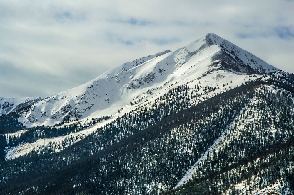A tall snowy peak with wooded slopes against a cloudy sky. Original public domain image from Wikimedia Commons