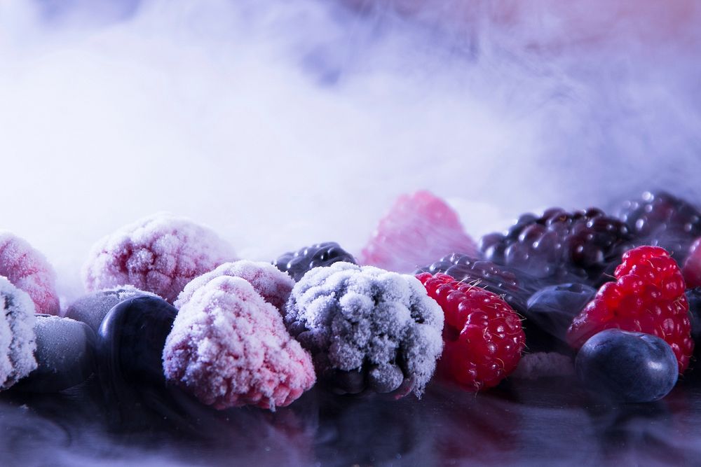 Frozen berries, foggy image background. Original public domain image from Wikimedia Commons
