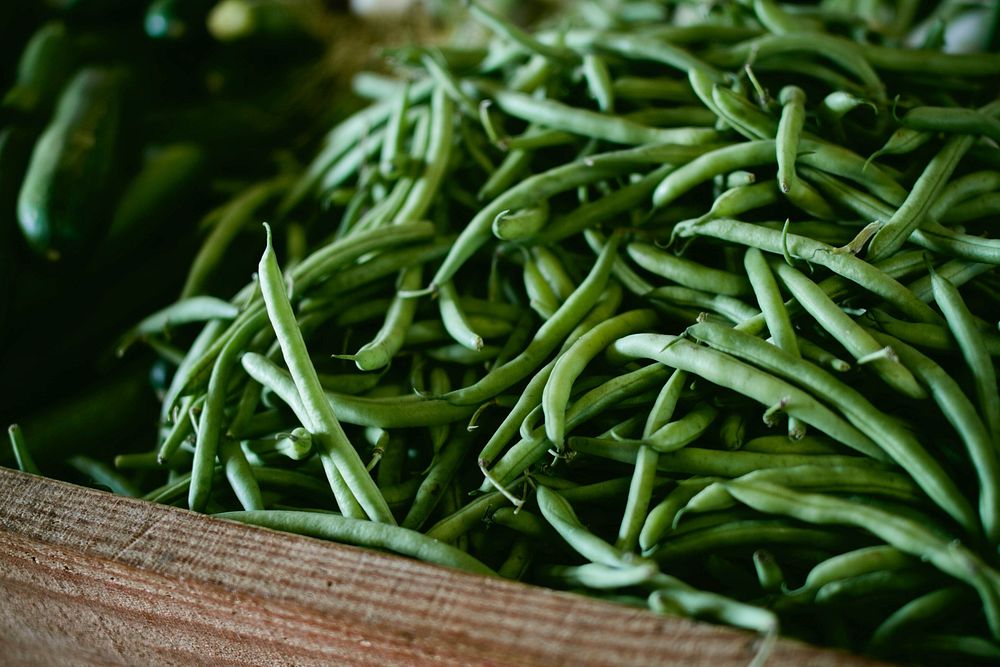 Basket of fresh green beans at a vegetable market. Original public domain image from Wikimedia Commons