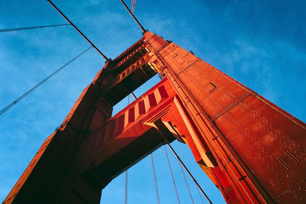 Low-angle shot of Golden Gate Bridge in San Francisco. Original public domain image from Wikimedia Commons