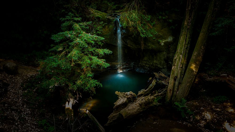 A high-angle shot of a waterfall pouring down a rocky ledge into a clear pond in the woods. Original public domain image…