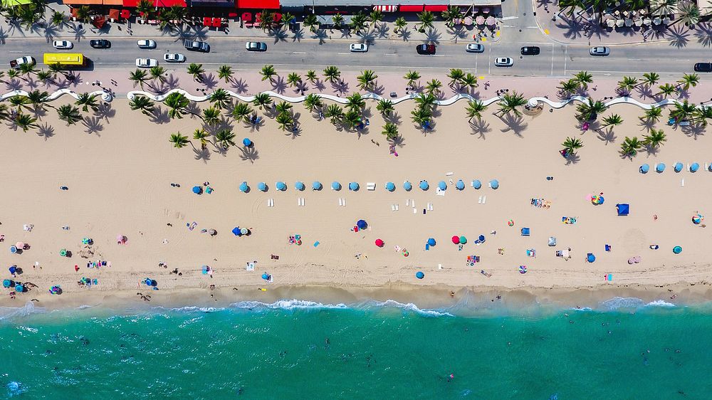 drone shot of beach with people,palm trees and blue umbrellas. Original public domain image from Wikimedia Commons