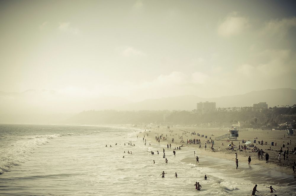 Crowded Santa Monica sand beach. Original public domain image from Wikimedia Commons
