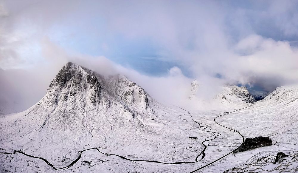 A snowy mountain valley in Glencoe. Original public domain image from Wikimedia Commons