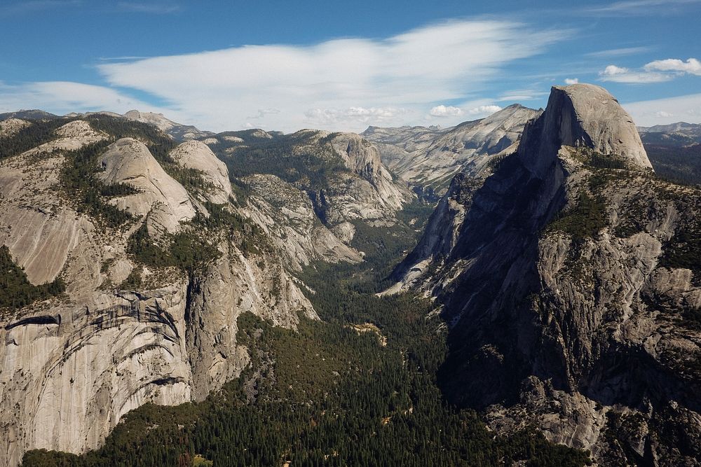 A high view of rock faces in the Yosemite Valley. Original public domain image from Wikimedia Commons