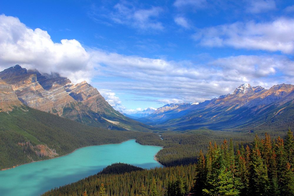 A long shallow water near the three-pronged Peyto Lake in Alberta. Original public domain image from Wikimedia Commons