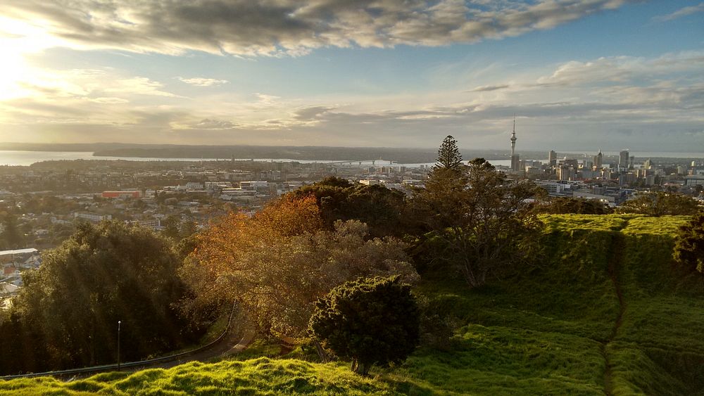 The skyline of Auckland under fluffy clouds seen from a green hill near the city. Original public domain image from…