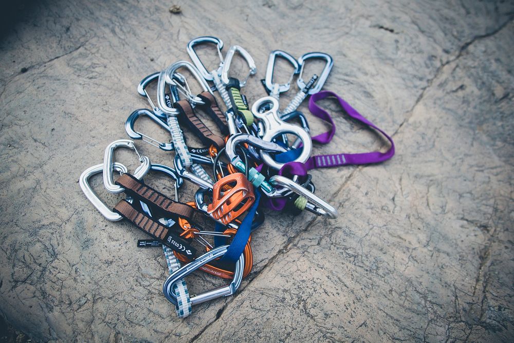 Carabiners and climbing gear. Original public domain image from Wikimedia Commons