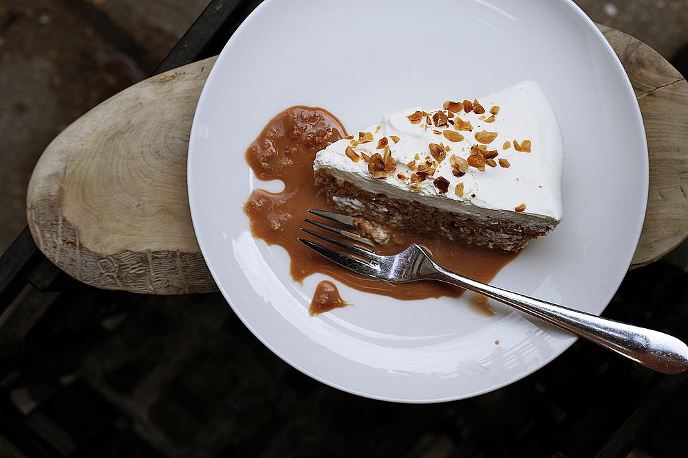Caramel cake with a silver fork. Original public domain image from Wikimedia Commons