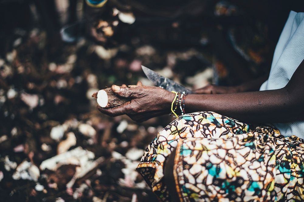 A woman wearing a patterned shirt, peeling food in Sierra Leone. Original public domain image from Wikimedia Commons