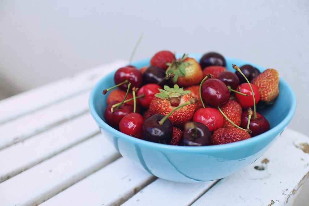 Bowl of fresh cherries, strawberries, and fruit. Original public domain image from Wikimedia Commons