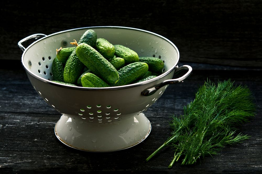 Colander with fresh cucumbers on a table next to dill and herbs. Original public domain image from Wikimedia Commons