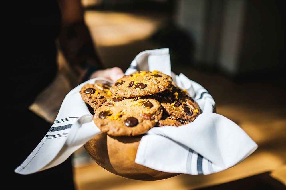 Bowl of homemade chocolate chip and orange cookies. Original public domain image from Wikimedia Commons
