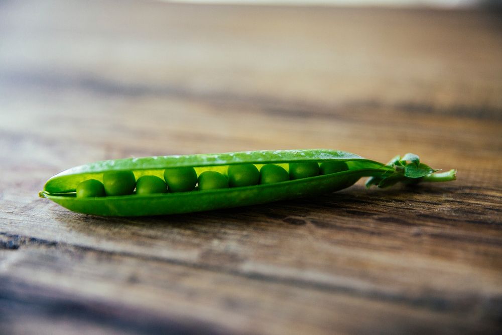 Open pea pod filled with little beans on a table. Original public domain image from Wikimedia Commons