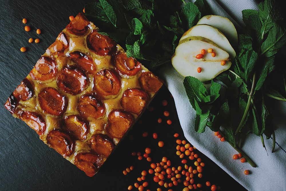 Apricot, pear, and mint dessert tart. Original public domain image from Wikimedia Commons