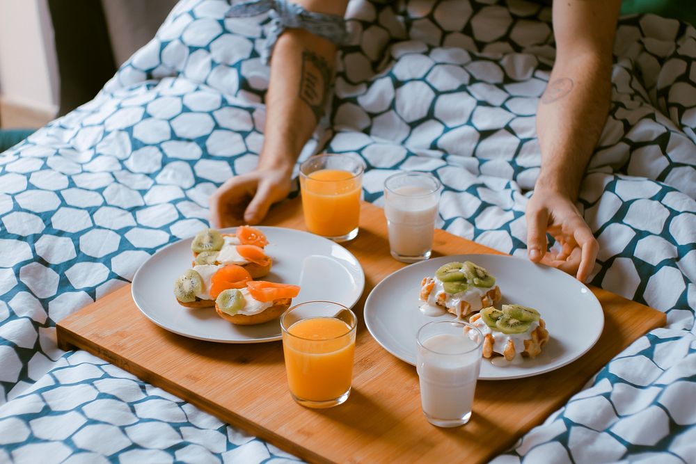 Poached eggs with smoked salmon for breakfast in bed. Original public domain image from Wikimedia Commons