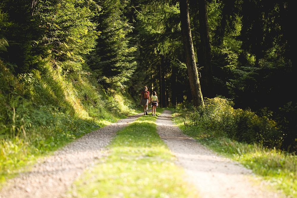 A rear shot of a woman wearing a rucksack walking with her daughter down a gravel track in the Black Forest. Original public…