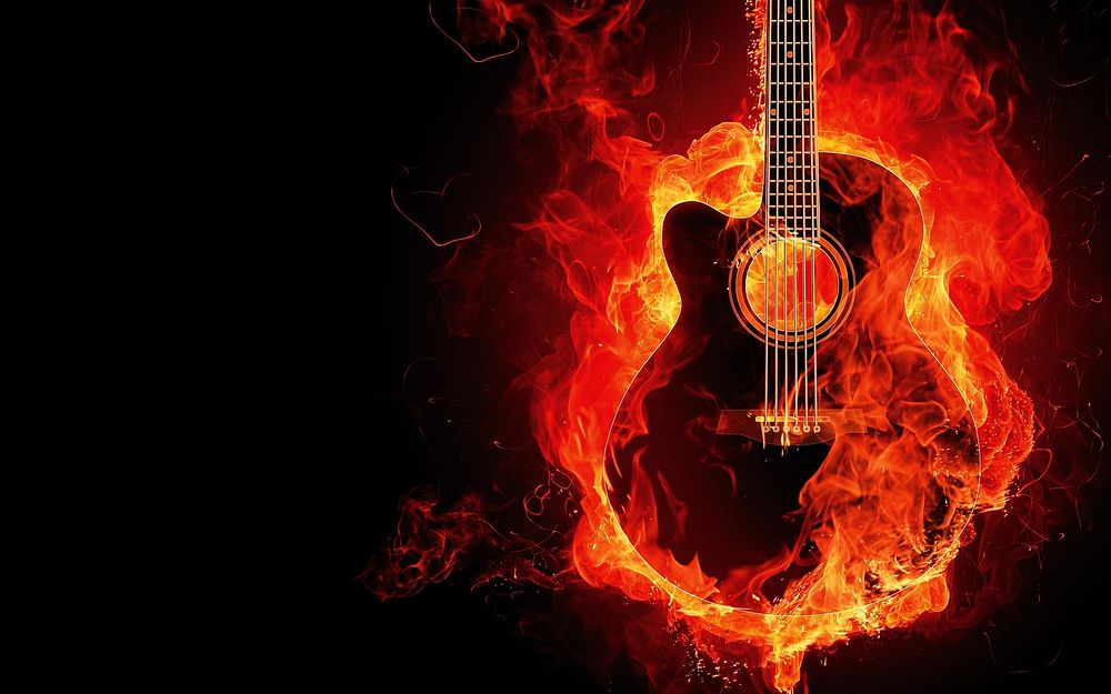 An acoustic guitar in flames against a black background. Original public domain image from Wikimedia Commons
