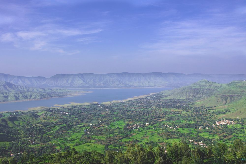 A vast rural landscape near a large river in Panchgani. Original public domain image from Wikimedia Commons