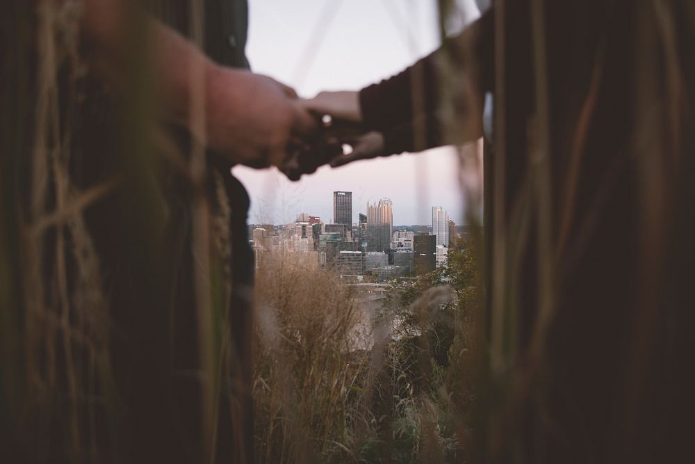 A couple is seen holding hands through tall grasses, with the Pittsburgh skyline in the background. Original public domain…