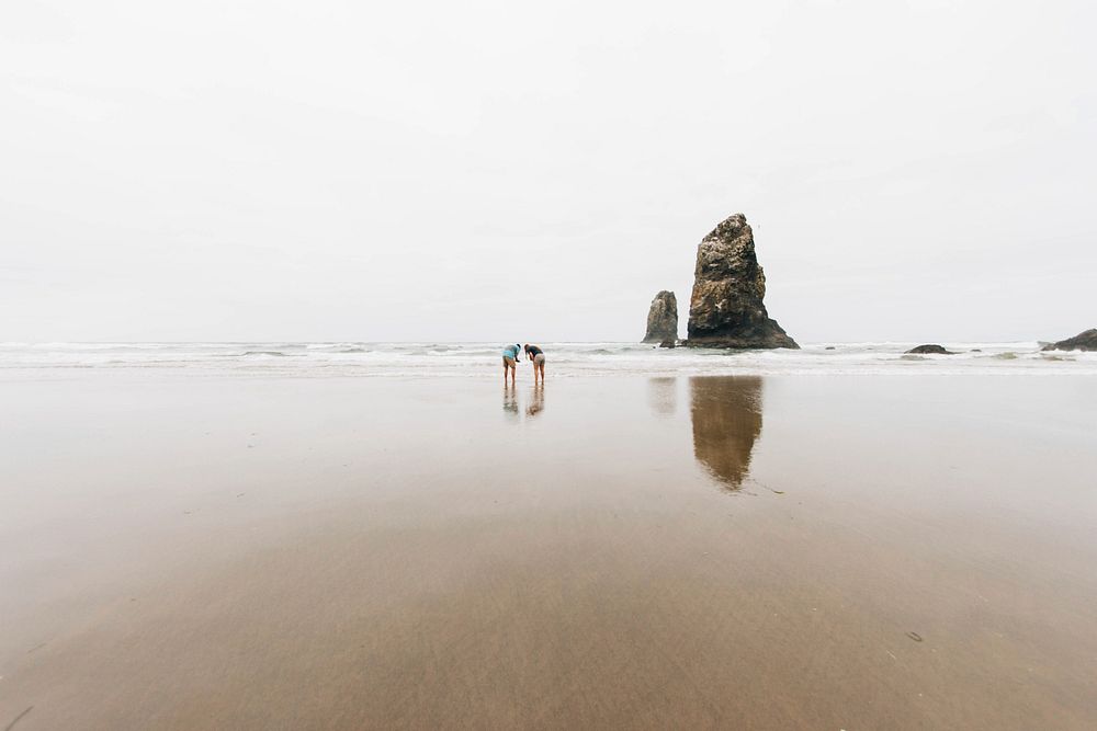 Two persons standing on a wet sand beach in Oregon. Original public domain image from Wikimedia Commons