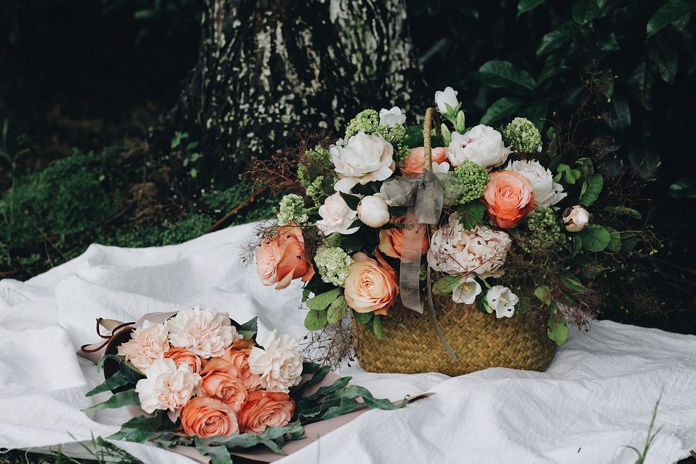 Roses and peonies in a basket. Original public domain image from Wikimedia Commons