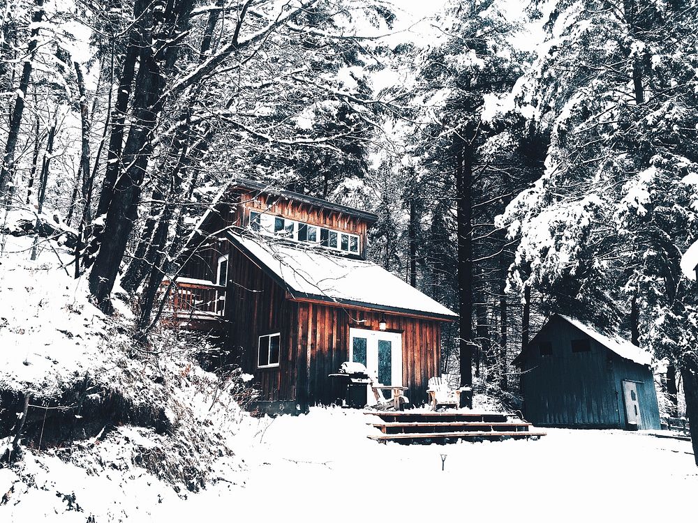 A wood cabin in a snowy winter forest. Original public domain image from Wikimedia Commons