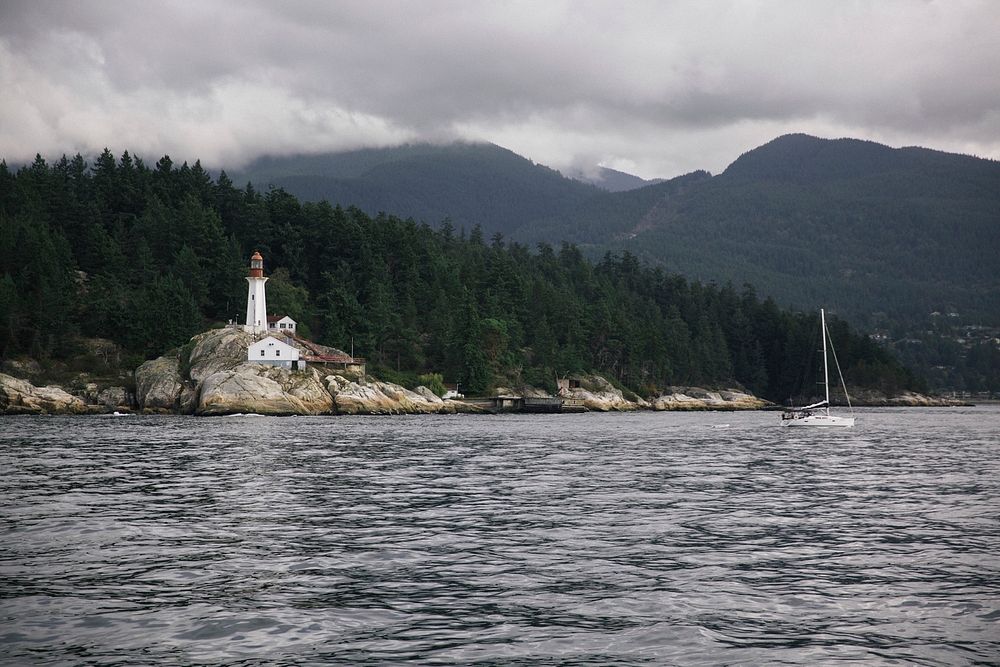 A lighthouse on a rocky shore in Vancouver. Original public domain image from Wikimedia Commons