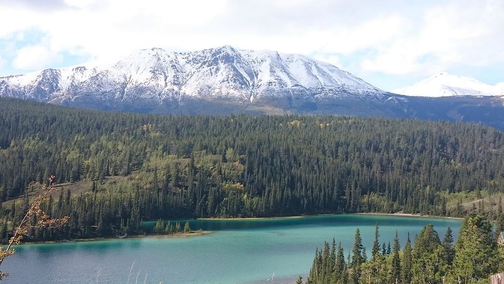 Snowy table-top mountain towering over Emerald Lake in Yukon. Original public domain image from Wikimedia Commons