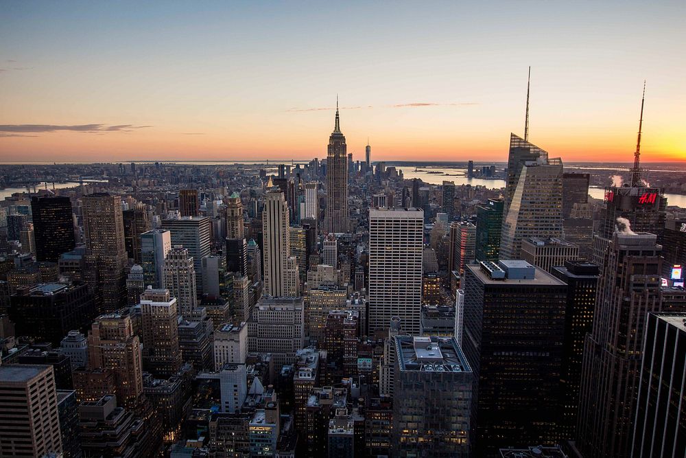 The skyline of Manhattan during sunset. Original public domain image from Wikimedia Commons