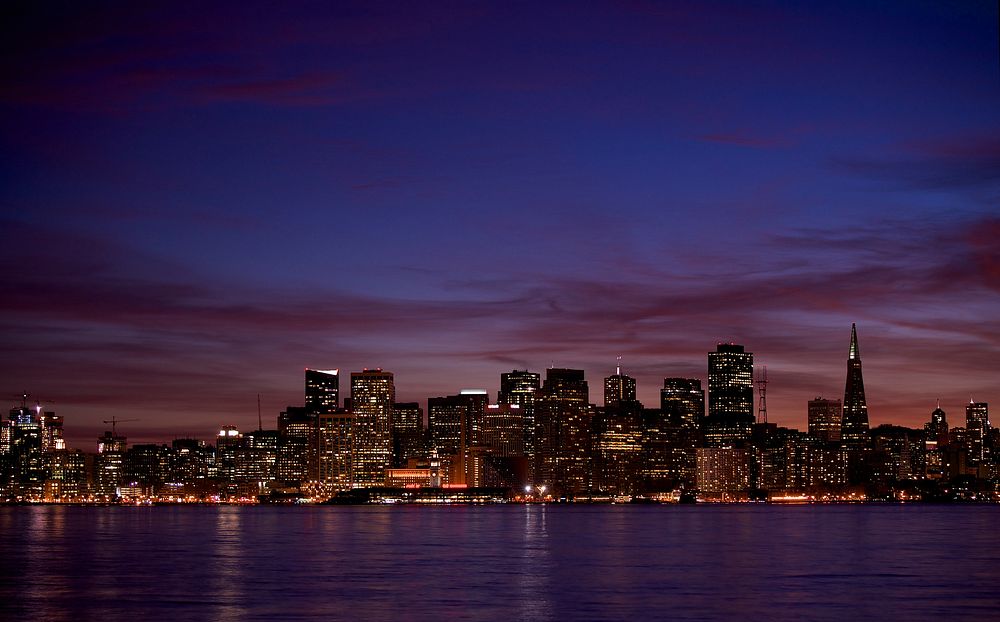 Dusk view of skyscrapers in San Francisco, United States. Original public domain image from Wikimedia Commons