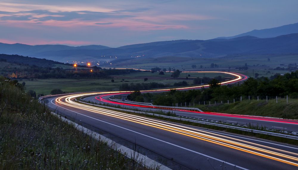 Car trails on the Highway, Delyan, Bulgaria. Original public domain image from Wikimedia Commons