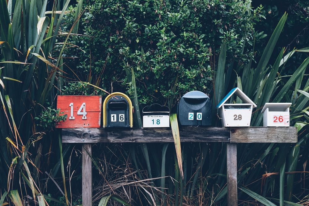 Several mailboxes on a post surrounded by trees in Muriwai. Original public domain image from Wikimedia Commons