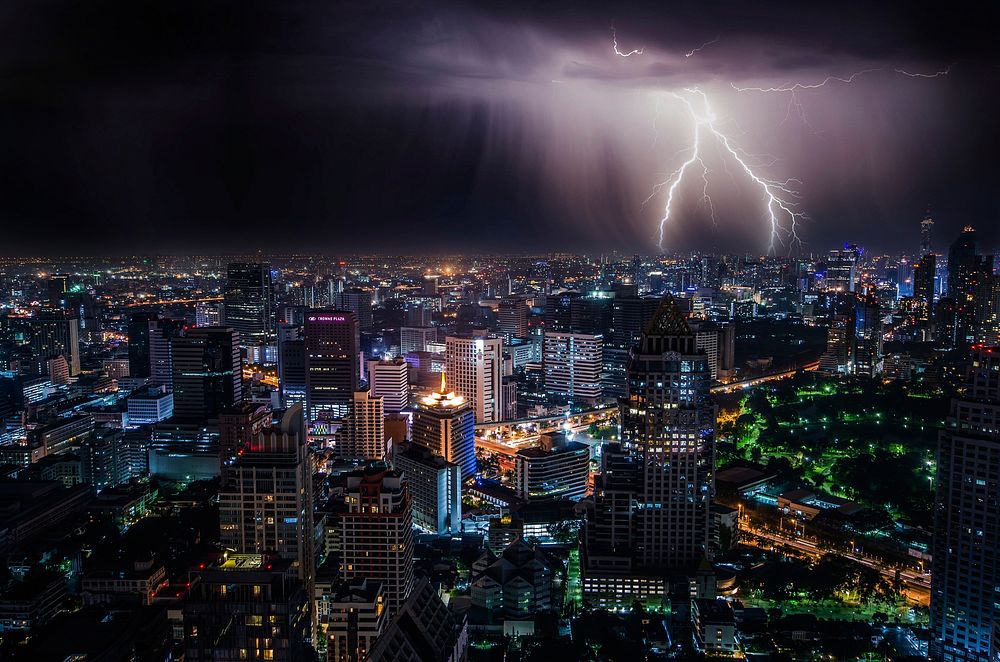 Lighting Strikes on a stormy night over Bangkok's skyline. Original public domain image from Wikimedia Commons